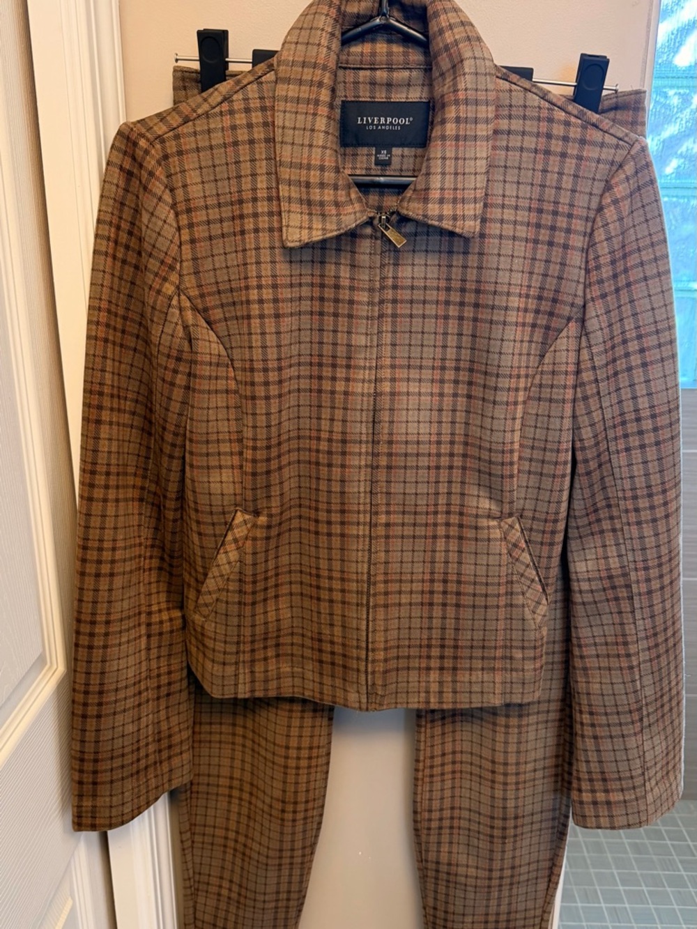 Liverpool Brown Plaid Zip-Front Blazer Jacket and Matching Pants